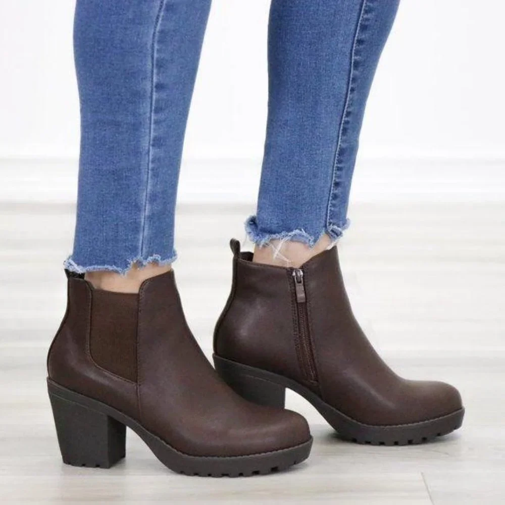 Lug Sole Ankle Boots Brown Chelsea Booties - Picture 4 of 15